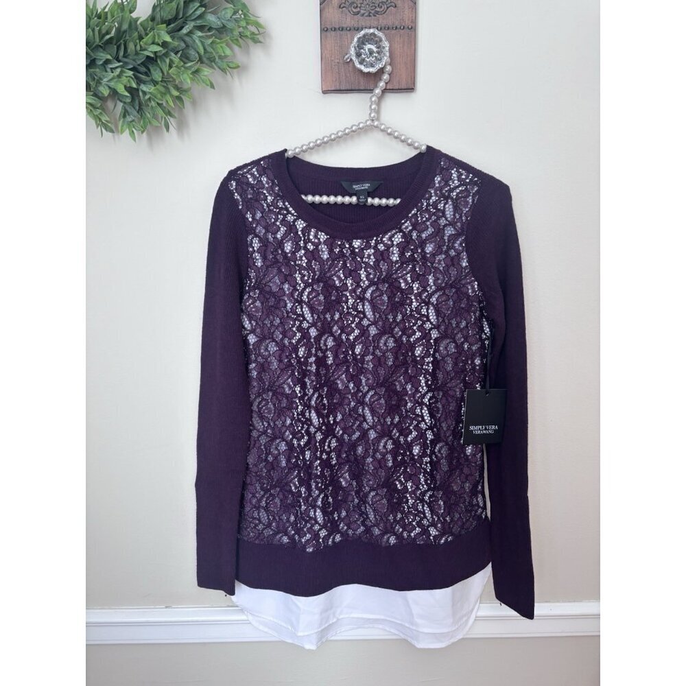 NWT Simply Vera Wang Womens Size XS Plum Twofer Sweater Blouse Combo Lace Front